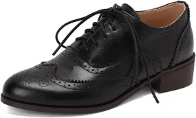 Women's Perforated Lace-Up Wingtip Oxfords Shoes Classic Patchwork Multicolor Leather Flat Brogues Round Toe Comfortable Low Block Heel Derby Saddle Pumps