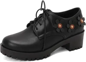 Women's Platform Vintage Perforated Lace-Up Oxfords Pumps Round Toe Low Block Chunky Heel Wingtip Brogues Comfortable Derby Saddle Loafers Shoes