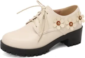 Women's Platform Vintage Perforated Lace-Up Oxfords Pumps Round Toe Low Block Chunky Heel Wingtip Brogues Comfortable Derby Saddle Loafers Shoes