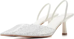 Women's Pointy Toe Slingback Heels Pearl Kitten Heels Sparkly Rhinestone Heeled Sandals Slip On Wedding Party Shoes