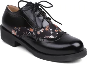Women's Round Closed Toe Lace Up Low Block Chunky Heel Oxfords Fashion Roses Patchwork Wedding Evening Party Prom Dress Shoes
