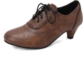 Women's Vintage Leather Lace Up Oxfords Brogues Shoes Classic Round Toe Kitten Low Chunky Heels Casual Office Work Dress Pumps