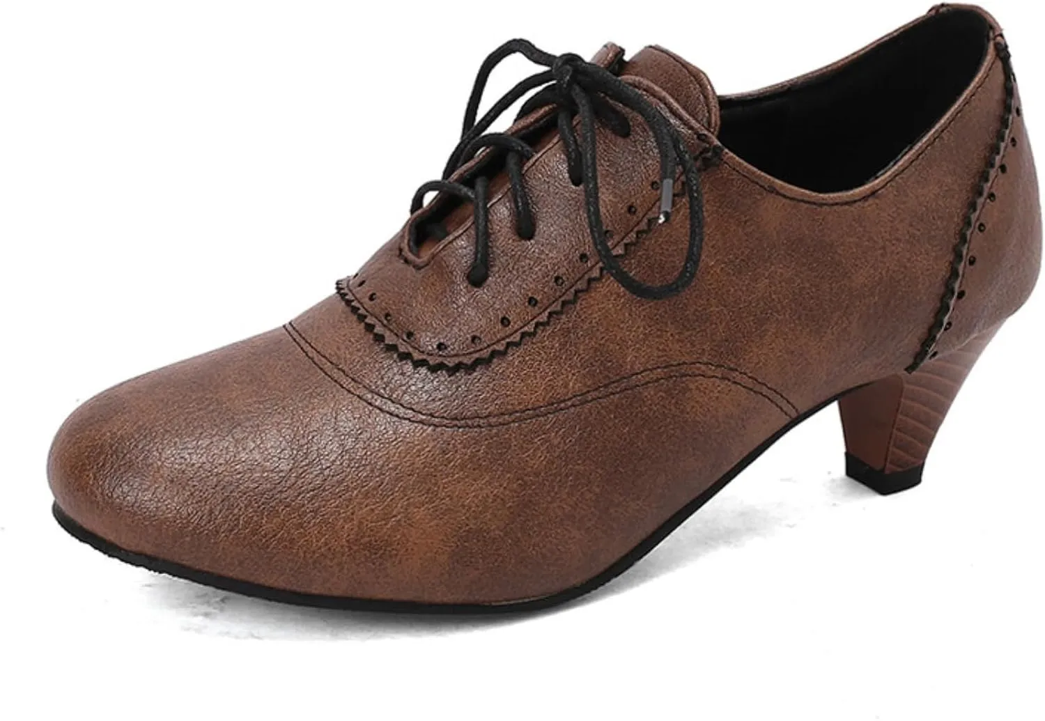 Women's Vintage Leather Lace Up Oxfords Brogues Shoes Classic Round Toe Kitten Low Chunky Heels Casual Office Work Dress Pumps